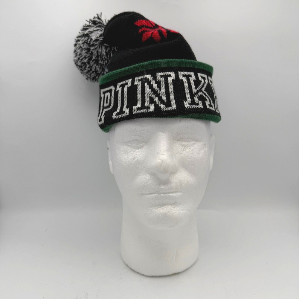 Victoria's Secret PINK Womens Beanie Knit Hat Black Green Snowflake Pom Pom